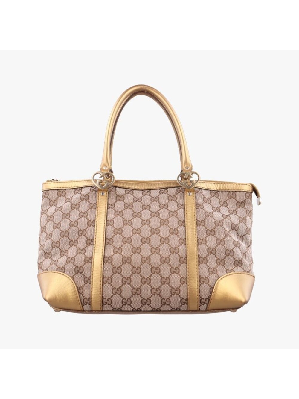 Gucci Lovely Gold Beige Brown GG Canvas Leather Handbag